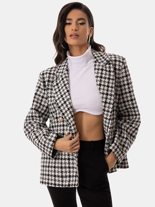 Silver Button Checkered Black and White Blazer