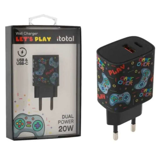 I-Total Φορτιστής Χωρίς Καλώδιο με Θύρα USB-A και Θύρα USB-C 20W Μαύρος (Let's Play)