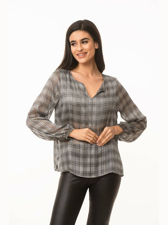 Dress Up Women's Blouse Checked grey