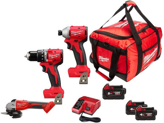 Milwaukee 3990993 Set Angle Wheel & Drill Driver & Impact Screwdriver Brushless 18V with 3 Batteries 4Ah - 1.5Ah and Case