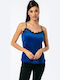 Damen Bluse Samt mit Spitze Blue Roulette