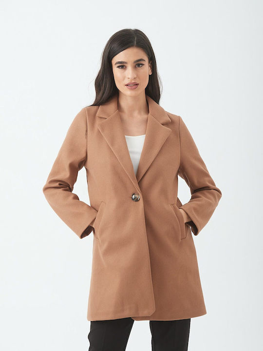 Ths-Fashion Women's Short Half Coat with Buttons Coffee