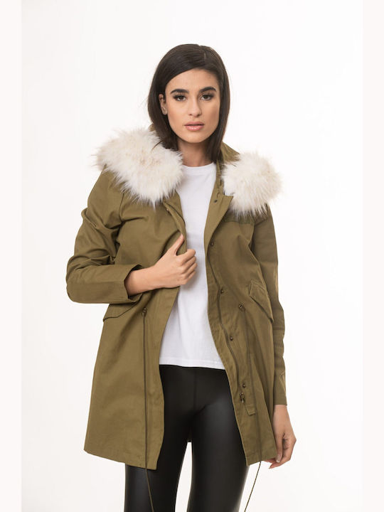 Boutique Women's Short Lifestyle Jacket for Winter with Hood HAKI