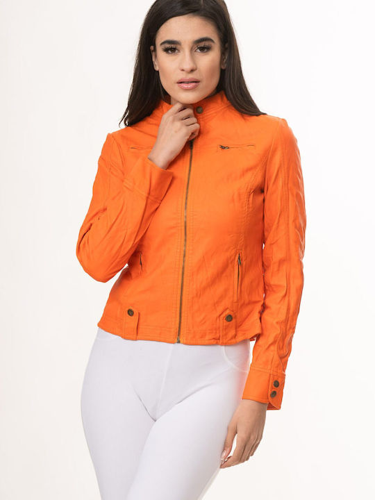 Comfuzio Women's Short Biker Artificial Leather Jacket for Winter Orange