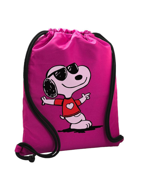 Rucsac Snoopy inimă, geantă sport, buzunar fuchsia, 40x48cm și șnururi groase