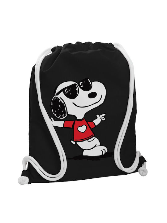 Snoopy Heart Backpack Bag Gymbag Black Pocket 40x48cm & Thick White Cords