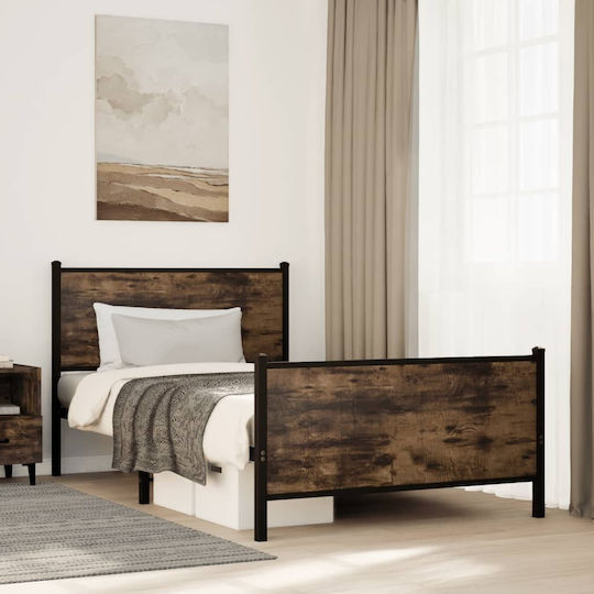 Half Double Wooden Bed Smoked Oak with Slats for Mattress 107x203cm