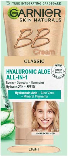Garnier Hyaluronic Aloe All-in-1 BB Light Ενυδατική Κρέμα Προσώπου Ημέρας με SPF15, Υαλουρονικό Οξύ & Aloe Vera 50ml