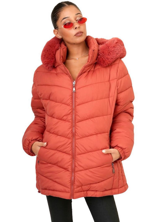 Dress Up Women's Short Biker Artificial Leather Jacket for Winter with Hood Orange