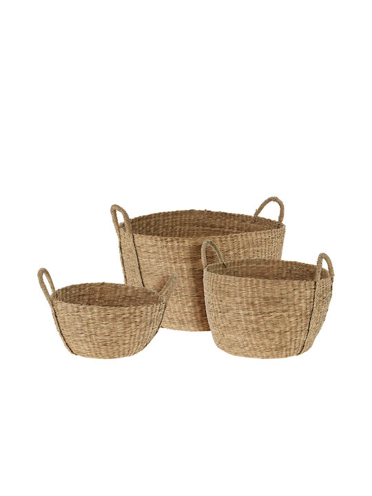 Set of Decorative Baskets Straw with Handles Brown 3pcs