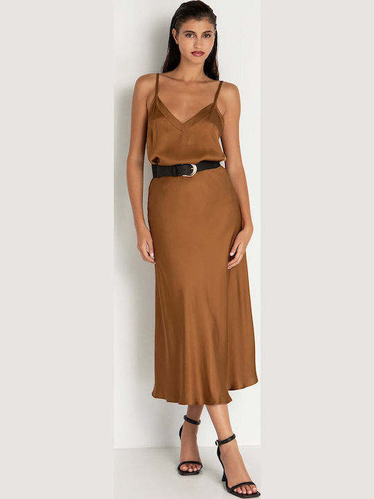 Toi&Moi Satin,σατεν Hochtailliert Midi Rock Camel