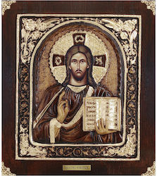 Icoana din lemn cu Hristos binecuvântând, rama cu frunze de aur în relief, 32x36.5cm