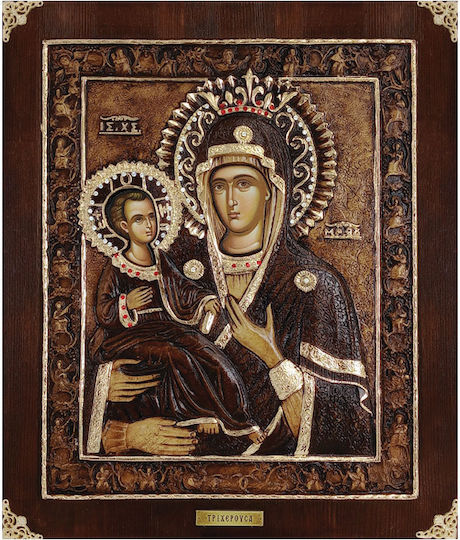 Wooden Icon Virgin Mary Tricherousa Embossed with Gold Leaves & Zircon Stones 33x39cm