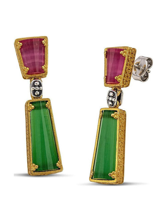 Silver Two-Tone Hanging Earrings Dimitrios-exclusive Mineral Colored Stones Cat Eye Code s184