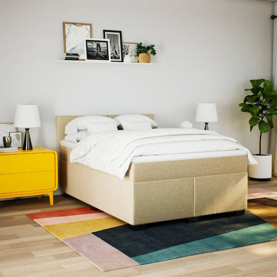 Double Bed Upholstered with Fabric Beige with Slats and Mattress 160x200cm