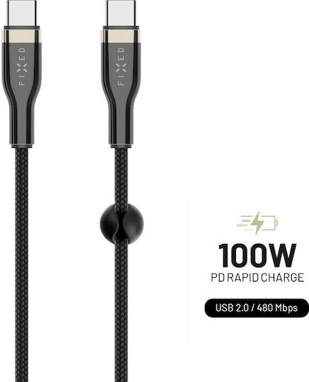 Fixed Плетен USB 2.0 Кабел USB-C Мъжки - USB-C 100W Захранване PD Черен 1.2м