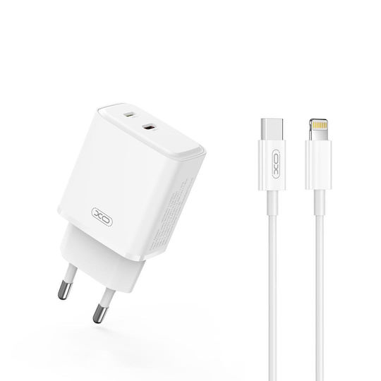 XO Ladegerät mit 2 USB-C Anschlüsse und Kabel USB-C - Lightning 20W Stromlieferung Weißs (L145)