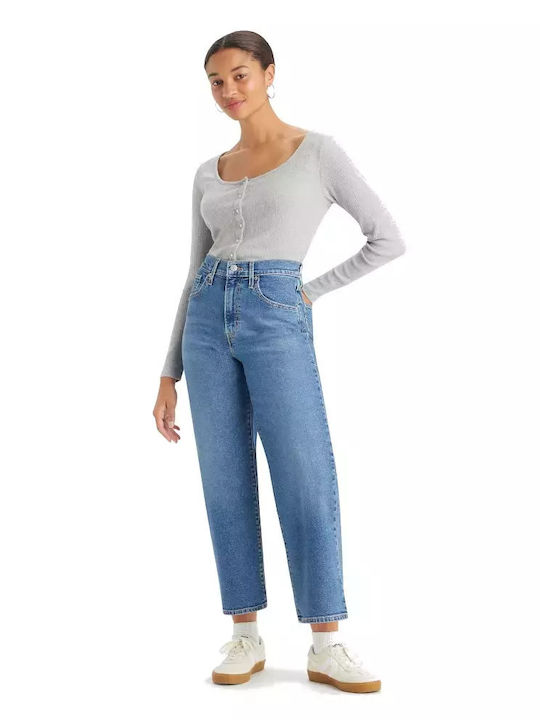 High Waist Women's Jean Trousers in Loose Fit Medium Aged Denim