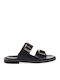 Women's Leather Flat Sandal with Buckles Black