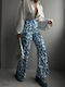Sinell Women's Floral Fabric High-Waisted Trousers with Zipper Blue