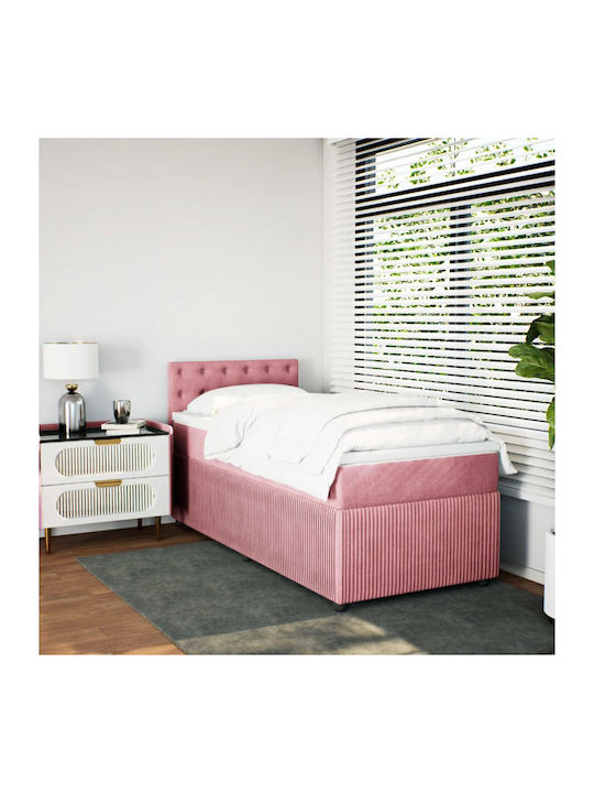 Pat Single Tapițat cu Material Roz cu Plăci și Saltea 100x200cm