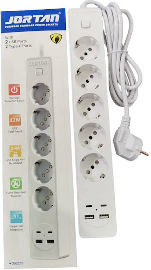 Jortan Power Strip 5 Positions with 2 USB-A, USB-C, Switch and Cable 2m