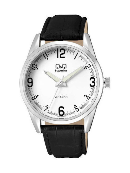 Q&Q Watch Battery with Black Leather Strap