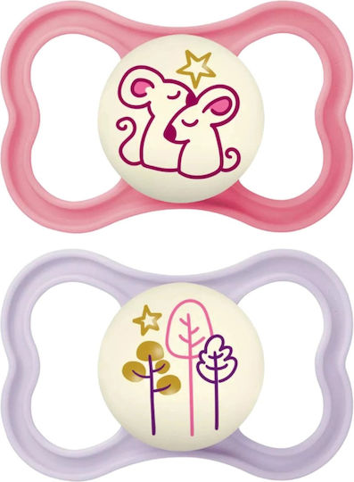 Mam Orthodontic Pacifiers Silicone Night Mice / Trees - Pink / Purple for 16+ months 2pcs