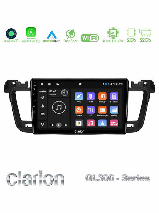 Clarion Car Audio System for Peugeot 508 2010-2018 (Bluetooth/USB/AUX/WiFi/GPS/Apple-Carplay/Android-Auto) with Touch Screen 9"