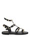 Tsouderos Shoes Leder Damen Flache Sandalen in Schwarz Farbe