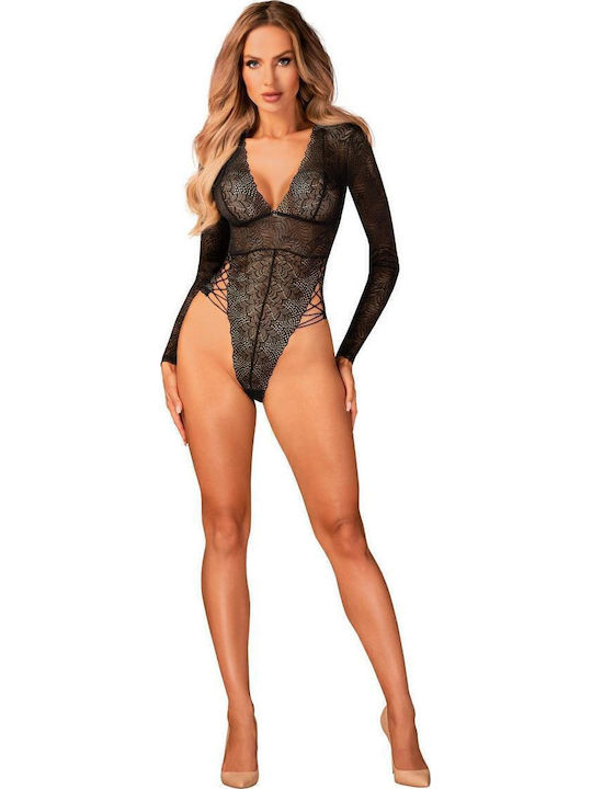 Lingerie Long Sleeve Bodysuit Merlys with Lace Regular Fit Black