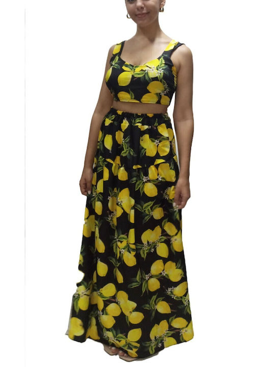 New Collection Women's Set Top Skirt Print Lemons Polyester Black