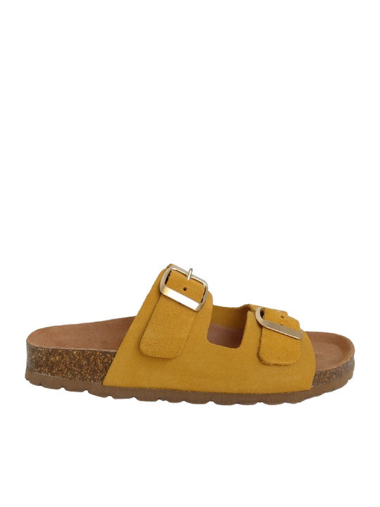 Δερμάτινα Γυναικεία Ανατομικά Σανδάλια Flatforms Κίτρινα