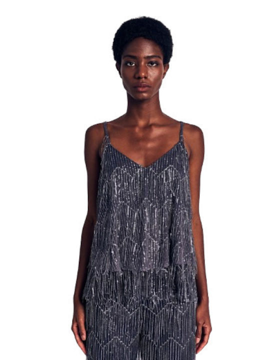 Women's Blouse with Straps & V Neckline Gray