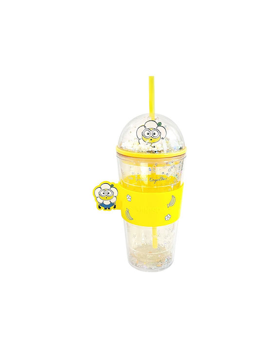 Minions Glass made of Plastic in Yellow Color with straw 420ml 1pcs