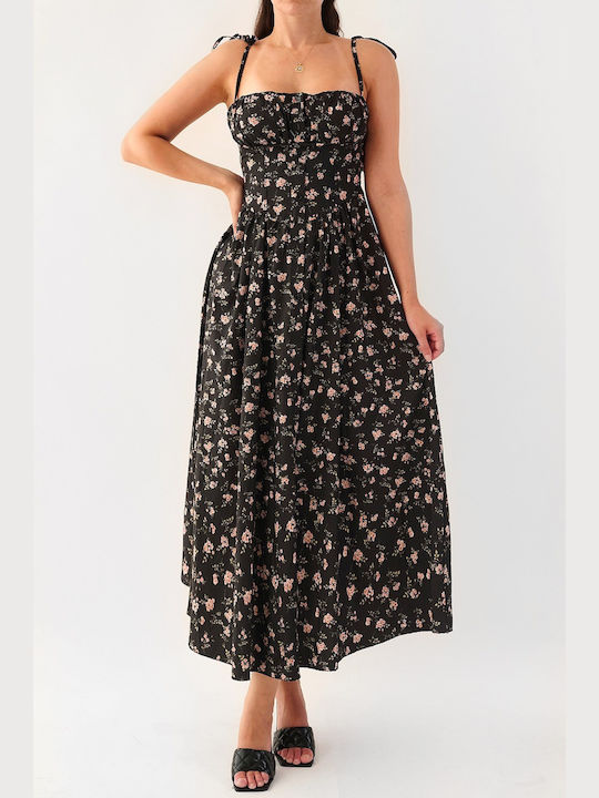 Eveline Black Floral Midi Dress Buttons