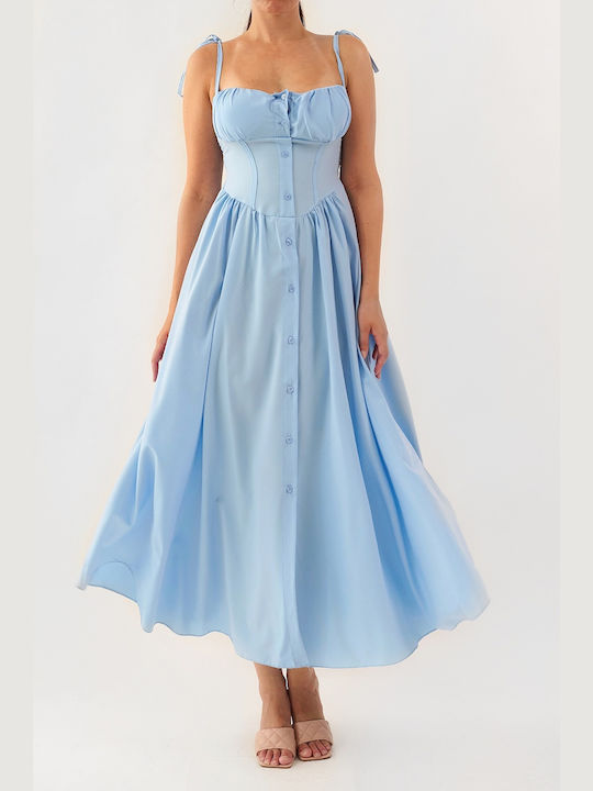 Lina Sky Blue Midi Dress with Buttons