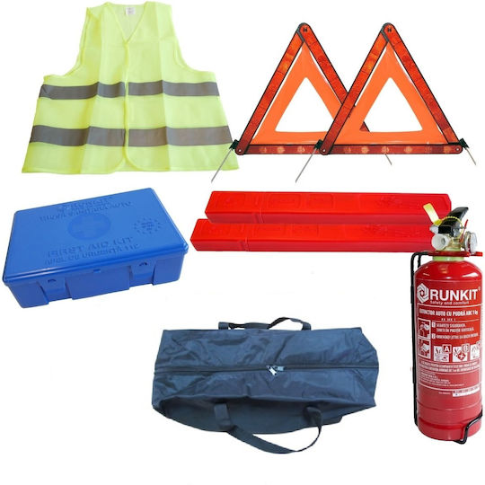Kit de siguranță auto aprobat constând într-un kit de prim ajutor, extinctor de 1 kg, manometru, 2 triunghiuri reflectorizante, vestă reflectorizantă, geantă