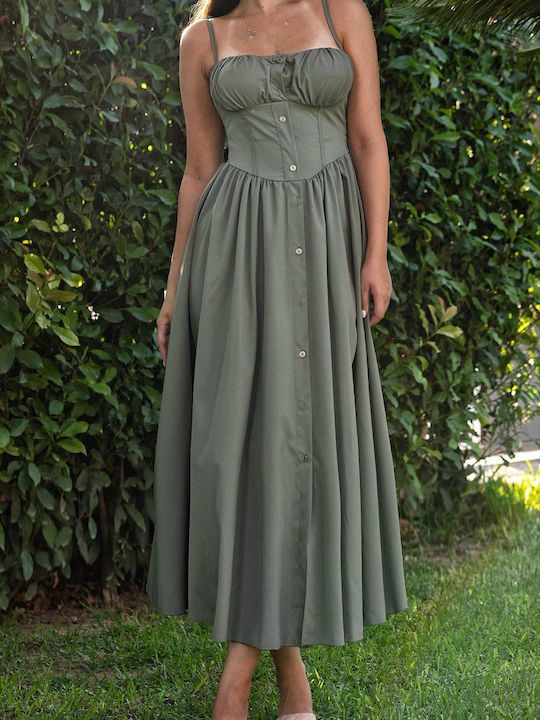 Lina Khaki Midikleid mit Knöpfen