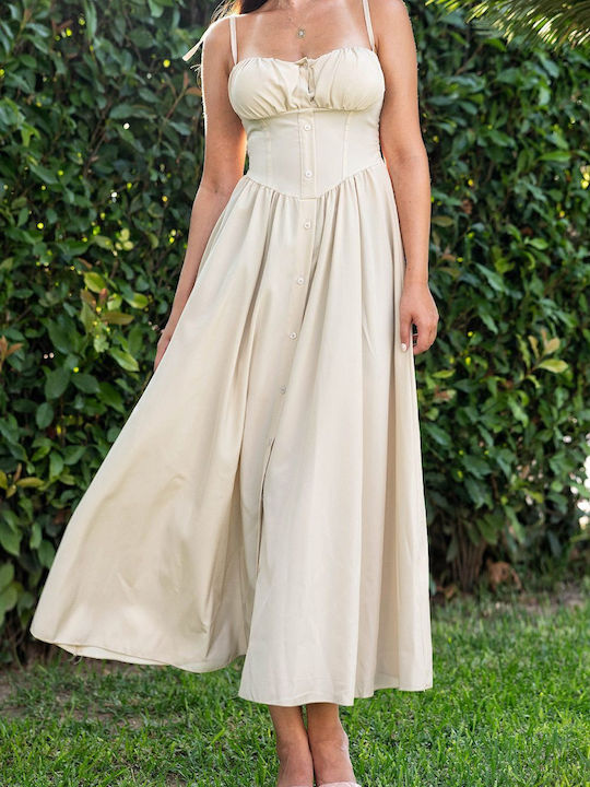 Lina Beige Midi Dress with Buttons