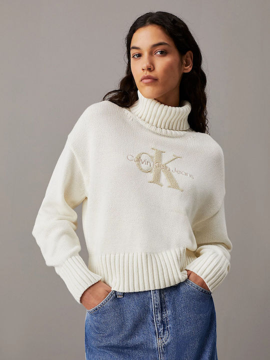 Calvin Klein Damen Langarm Pullover Baumwolle Rollkragen Gestreift