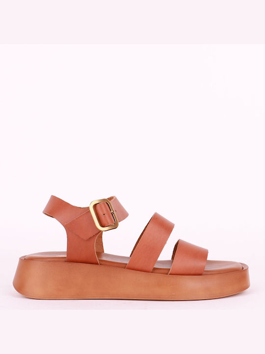 Lia's Leather Women's Flat Sandals with Strap in Tabac Brown Color