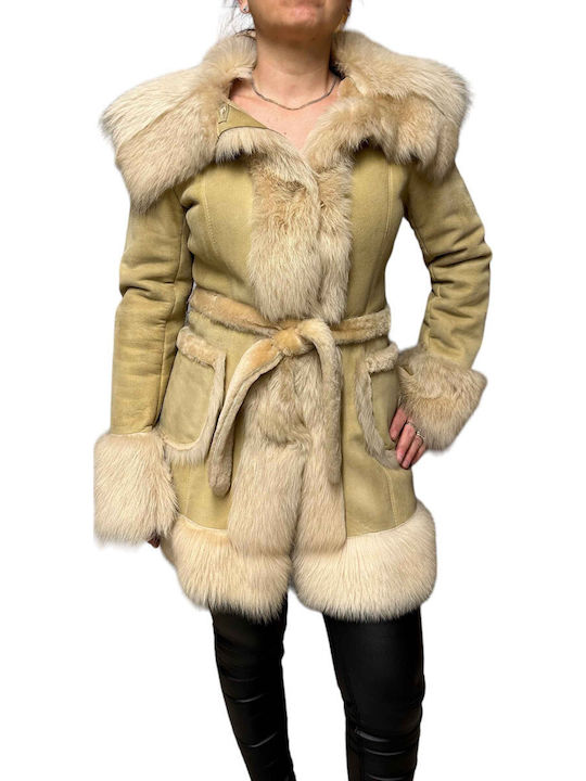Mouton Women's Beige Coat with Fur Details
