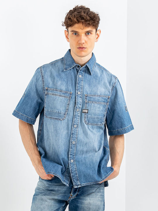 Pocket Langärmlig Jeans Hemd Blau