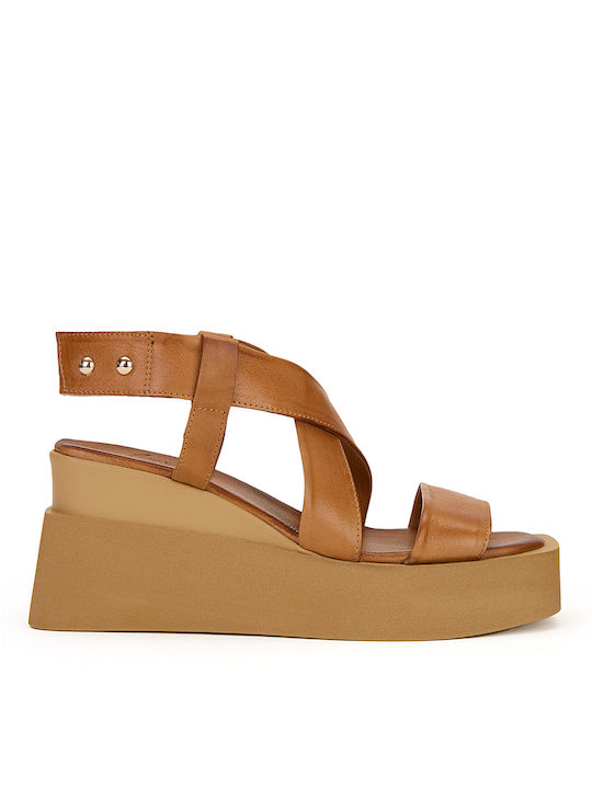 Joy's New York Women's Leather Ankle Strap Platforms Tabac Brown