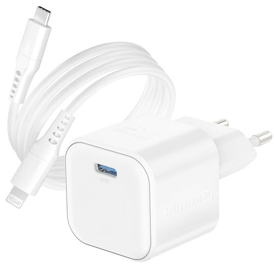 Swissten Φορτιστής GaN με Θύρα USB-C και Καλώδιο USB-C - Lightning 21W Power Delivery Λευκός (22070140)