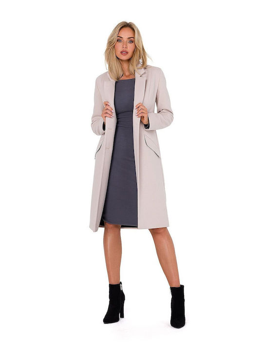 MOE Women's Long Coat with Buttons Beige