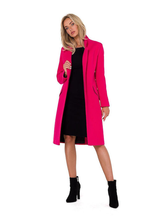 MOE Women's Long Coat with Buttons Pink