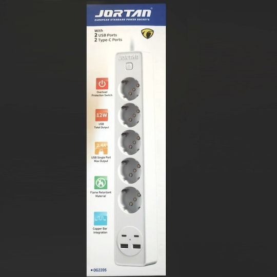 Jortan Πολύπριζο 5 Θέσεων με 2 USB-A, 2 USB-C και Διακόπτη