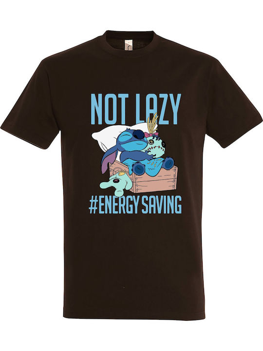 Lilo & Stitch Not Lazy Energy Saving T-shirt Καφέ Βαμβακερό